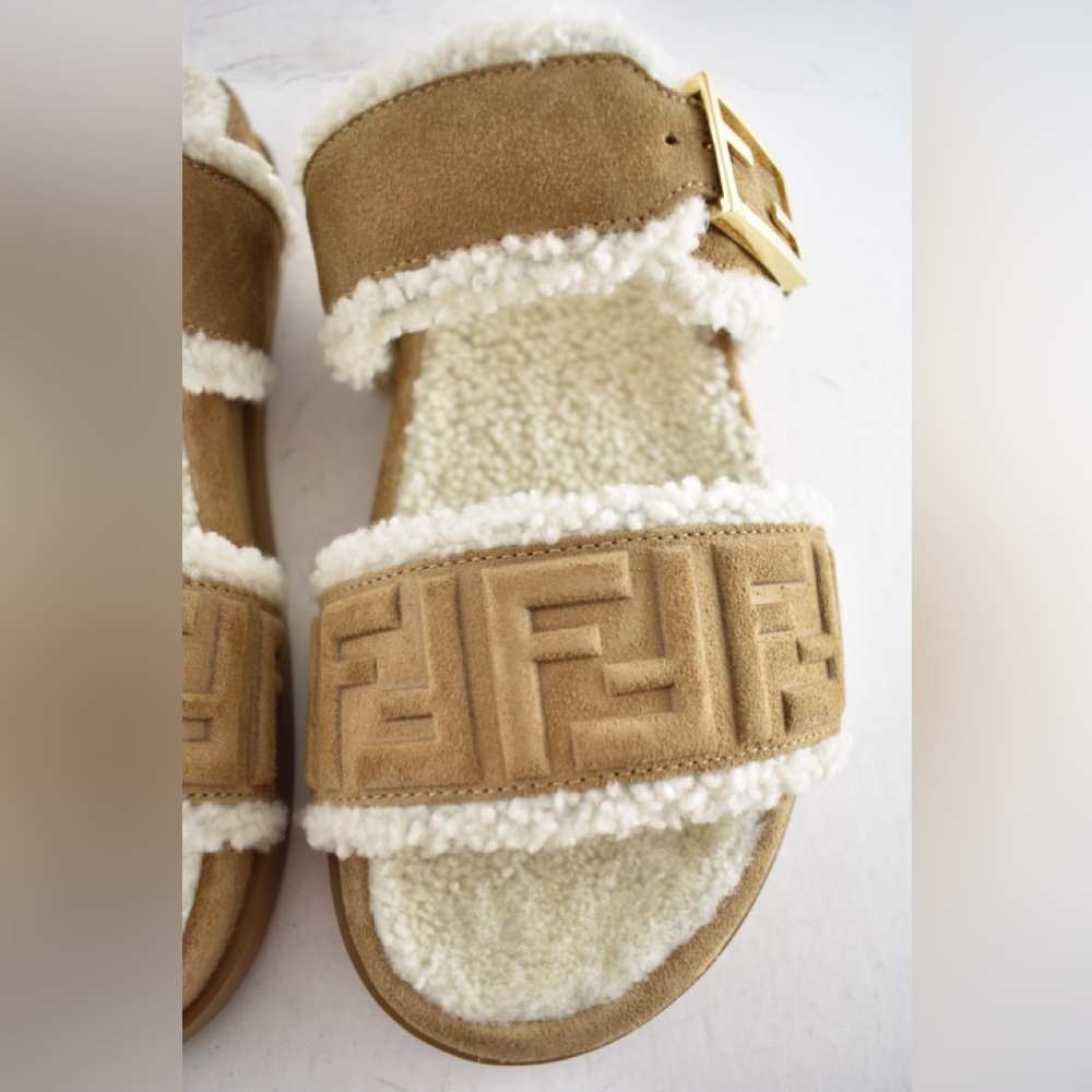 Fendi Feel Slide Shearling Fur Lined Bronze Monogram Logo Mule Flat Sandal 39 - Picture 9 of 16